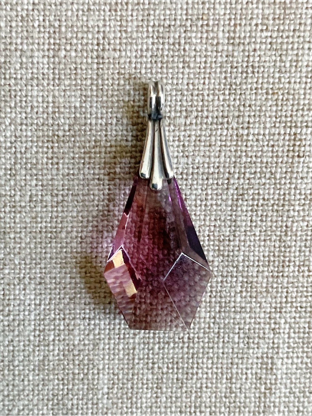 Vintage Smoky Purple Faceted Art Glass Pendant Silver Bail